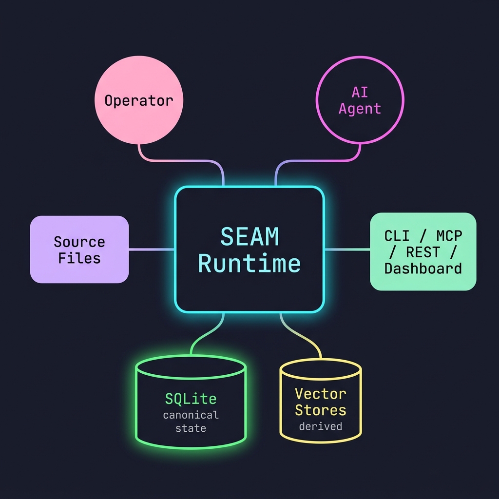 SEAM system context diagram showing operator, AI agent, source files, runtime, SQLite, vector stores, and output surfaces